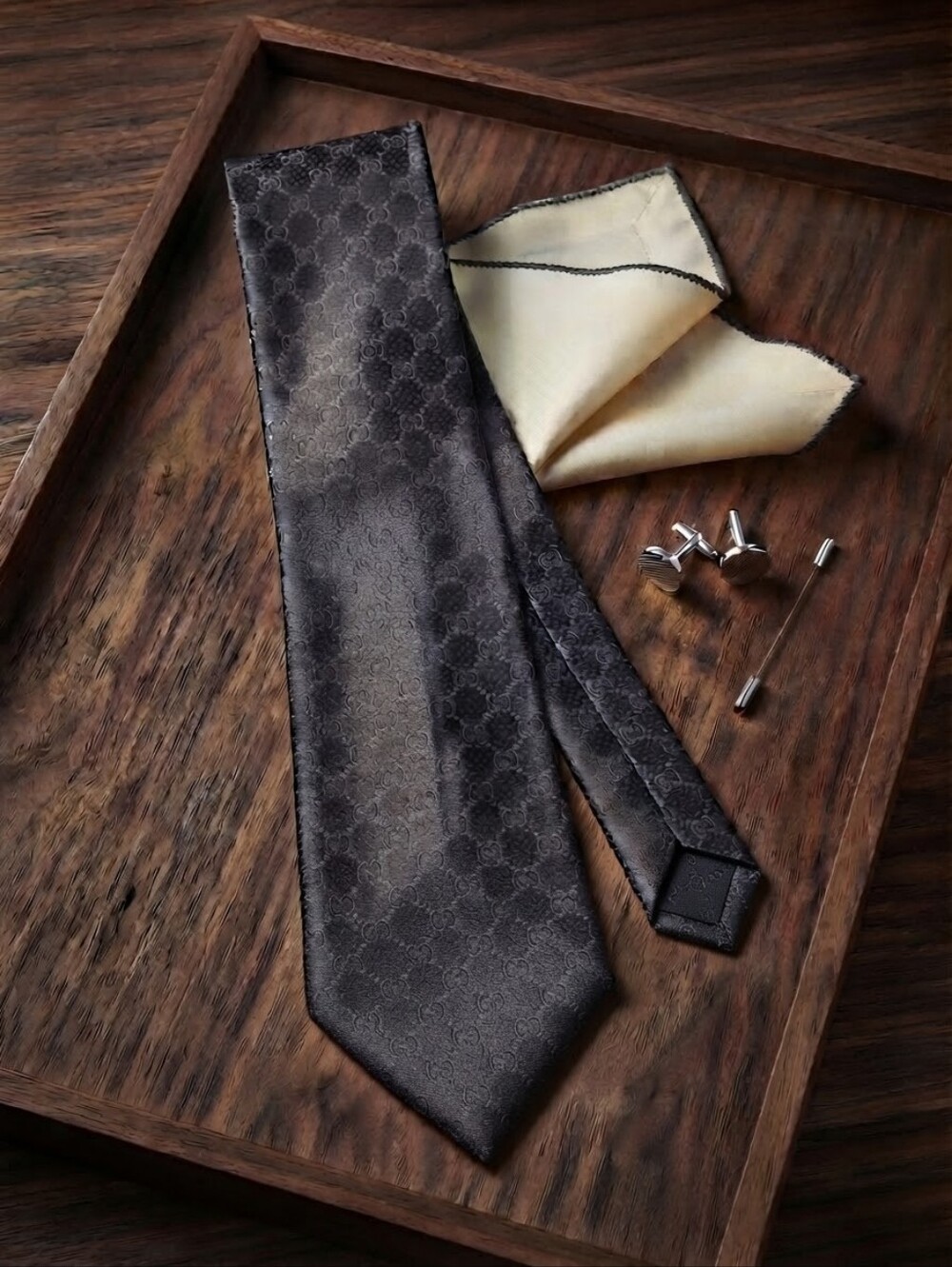Authentic Gucci GG Monogram Silk Tie | Dark Grey / Charcoal Luxury Necktie CC